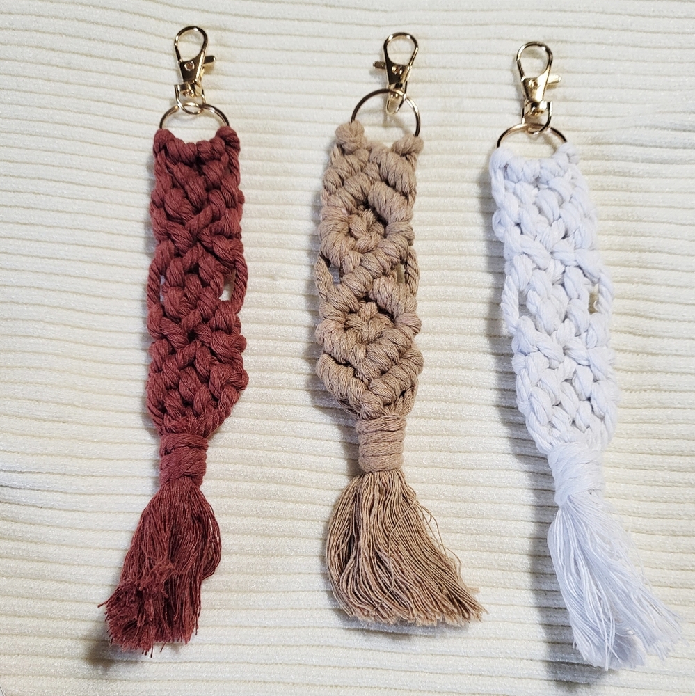 Three Macramé Keychain Purse Charm Bag Charm Set - Maroon Burgundy, White, Sand
